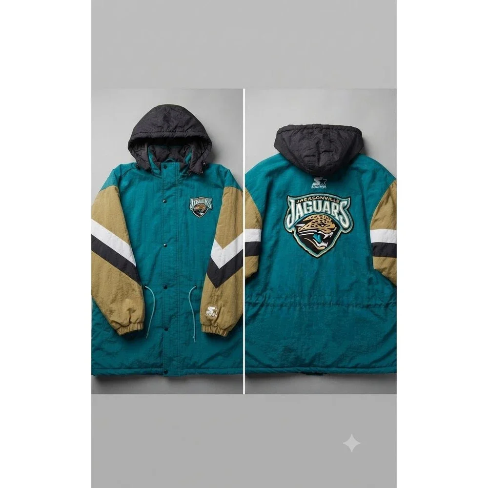 Vintage 90s Starter Jaguars NFL Parka Jacket XL Teal Puffer Banned Logo Hooded
